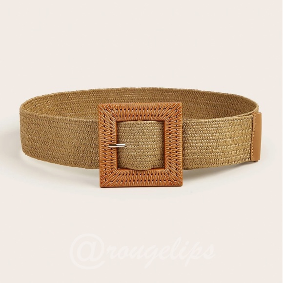 Camel Straw Woven Belt Square Buckle - Picture 3 of 7